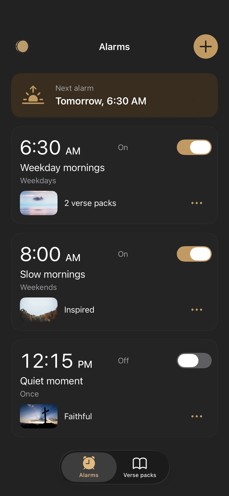 Shine’s Alarms screen with separate weekday, weekend, and one-time alarms, each with its own verse packs and on/off switch.